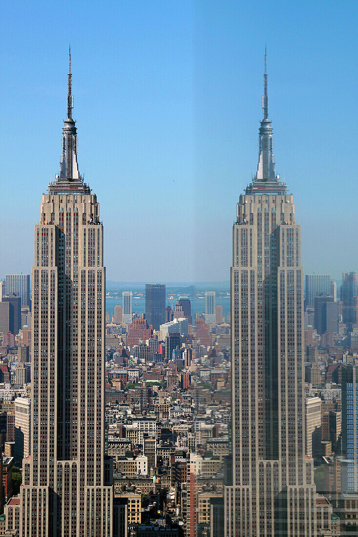 Reflection of the Empire State Building in a Window Seen From the Top of the Rock, Observation Deck in the Ge Building, Rockefeller Center, Midtown Manhattan, New York City, New York State, United States