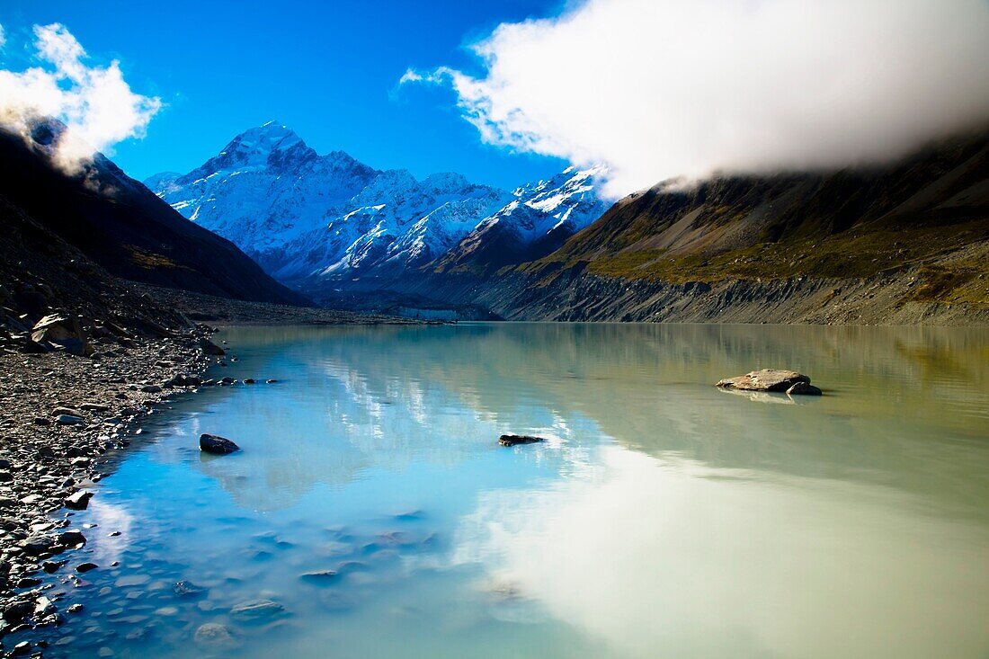 New Zealand, Canterbury, Mt Cook National Park Mount Cook viewed from the Hooker Valley