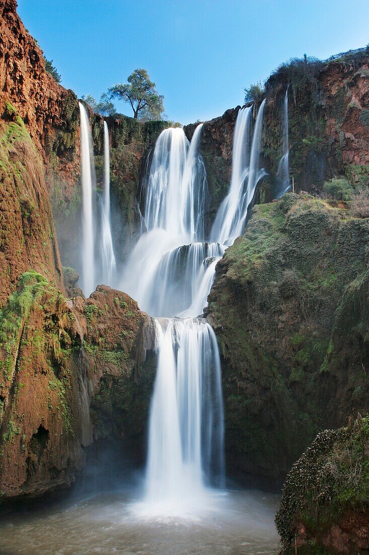 Morocco, Central Morocco, Cascades d'Ouzoud The fast flowing waters of the Ouzoud cascade, plunging into the gorge