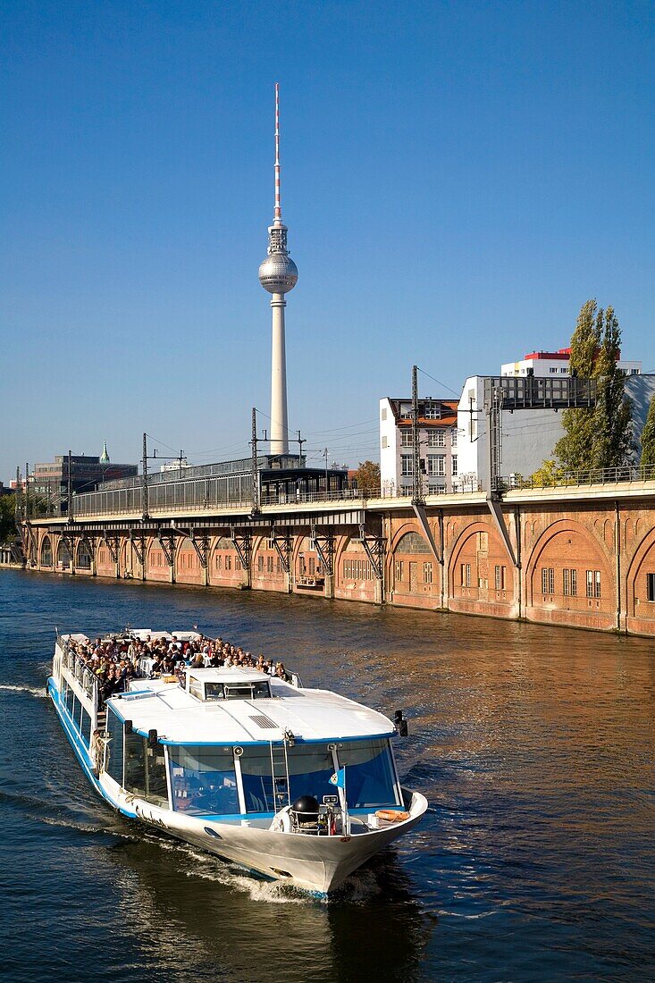 Tv Tower from Spree Canal with Boat in the Forground Berlin Germany