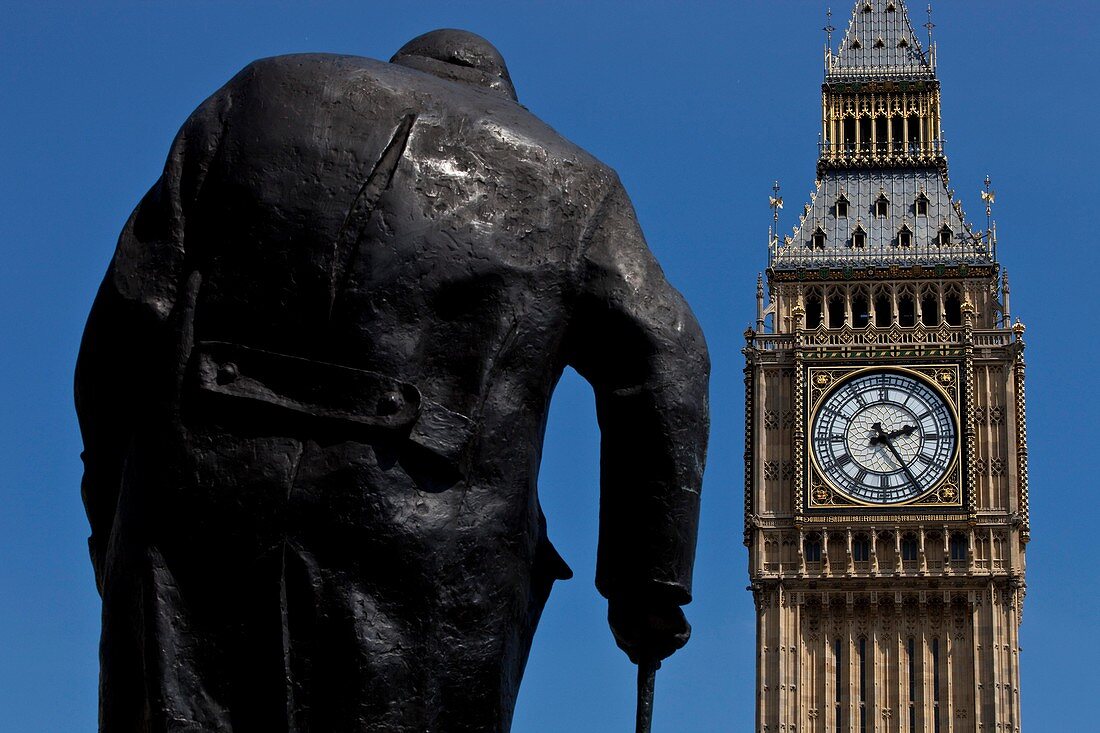 Winston Churchill Statue and Big Ben, London, England