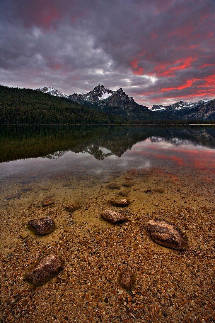 Sawtooth montains reflection in the Stanley lake at sunset, Idaho