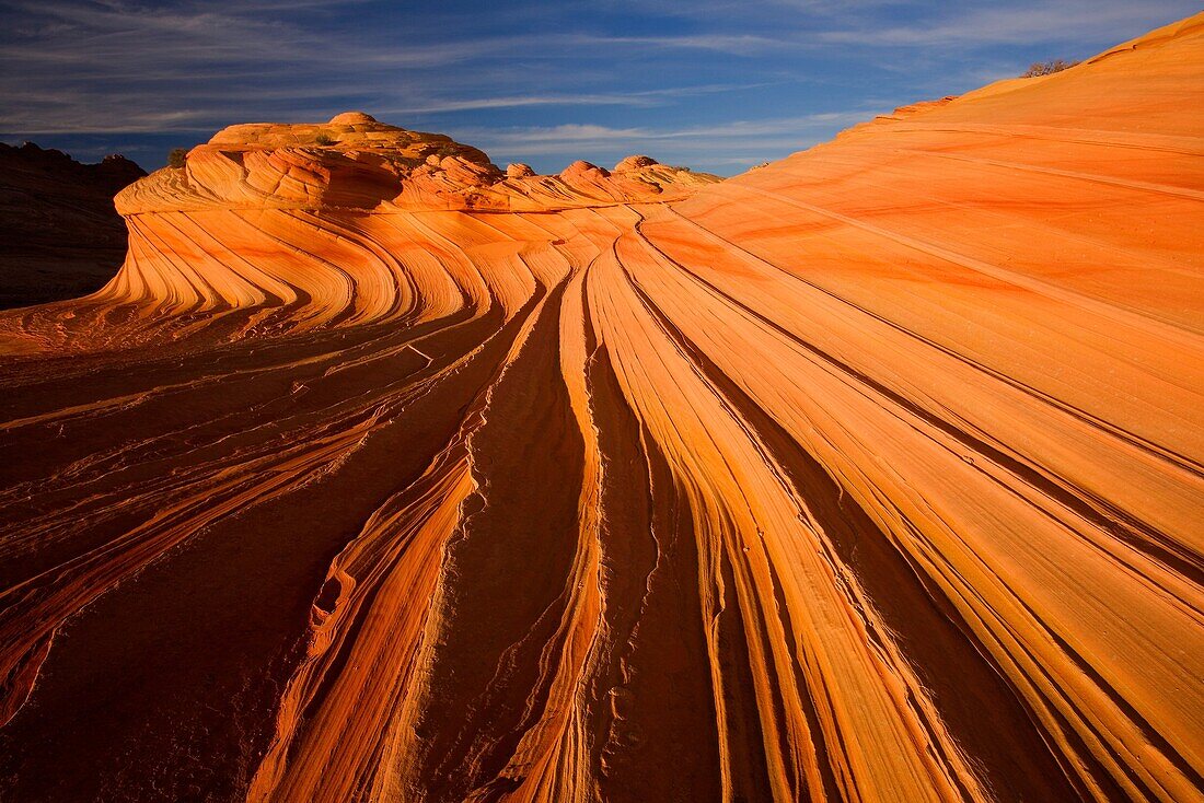 Sandstone formation in Coyote Buttes notrh area illuminated by reflected morning light deep in one southwestern canyon