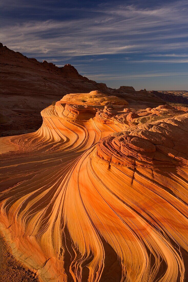 Sandstone formation in Coyote Buttes notrh area illuminated by reflected morning light deep in one southwestern canyon