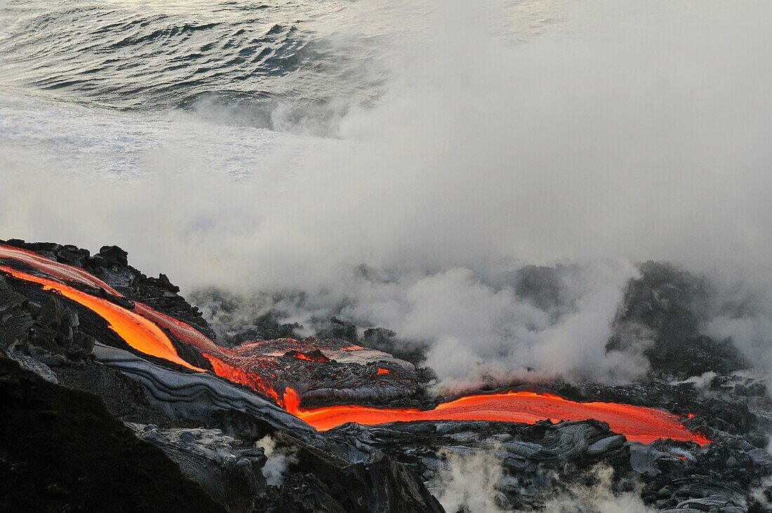 River of molten lava flowing to the sea, Kilauea Volcano, Hawaii Islands, United States