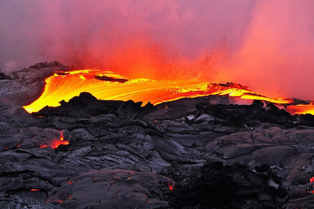 River of molten lava flowing to the sea, Kilauea Volcano, Hawaii Islands, United States