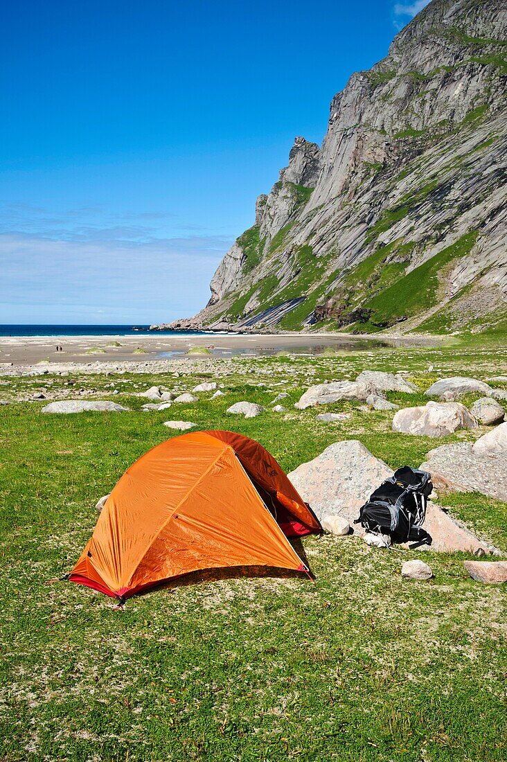 Scenic campsite at Bunes beach, Moskenesoy, Lofoten islands, Norway