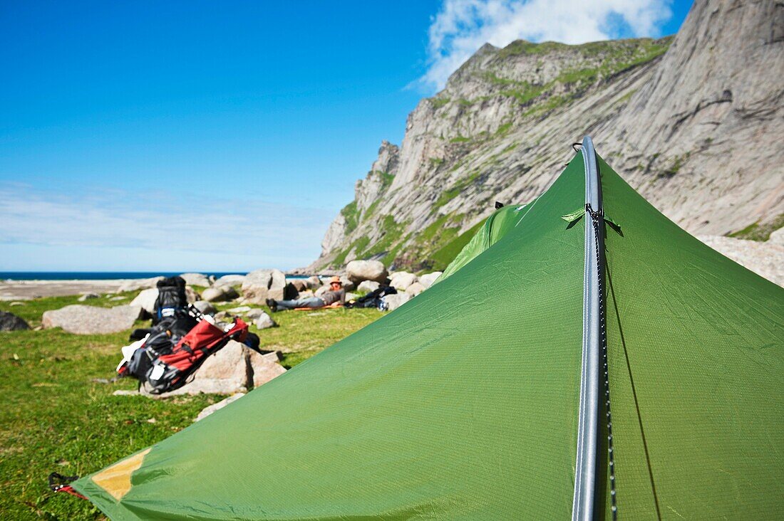 Scenic campsite at Bunes beach, Moskenesoy, Lofoten islands, Norway