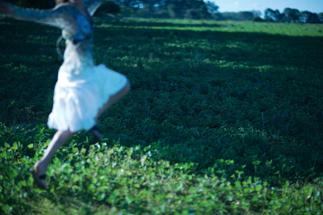 Woman wearing skirt, jumping in field with arms out, blurred motion