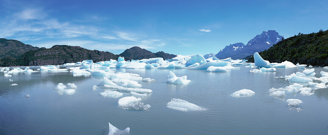 Chili, Patagonia, Torres del Paine National Park, Lago Grey, icy water and mountains, panoramic view