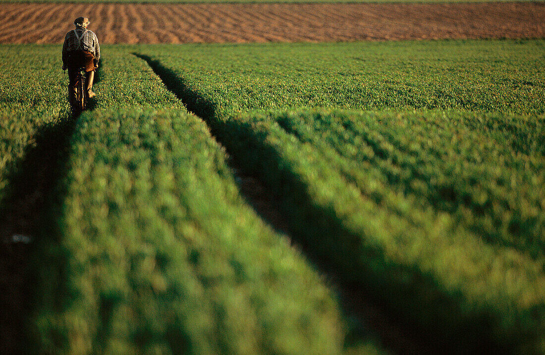 Man riding bike through field