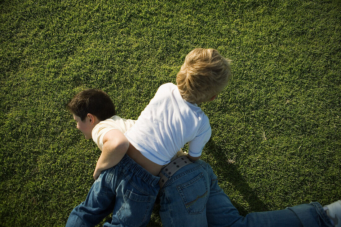 Two boys wrestling on grass, high angle view