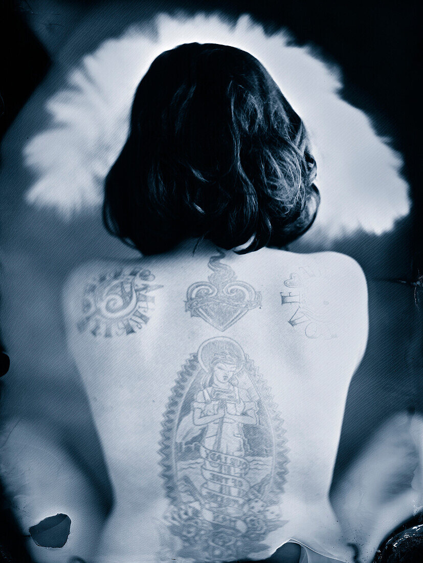 Nude Woman With Large Tattoos on Back, Ambrotype