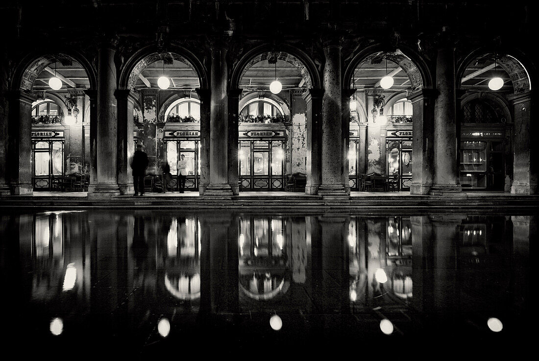Cafe Florian, Piazza San Marco at night, flood water, Aqua Alta, Venice, Italy