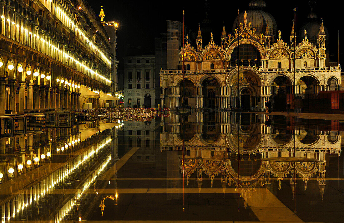 Reflection, flood water, Unesco World Cultural Heritage, Piazza San Marco at night, St. Mark's Basilica, Basilica di San Marco,  Venice, Italy