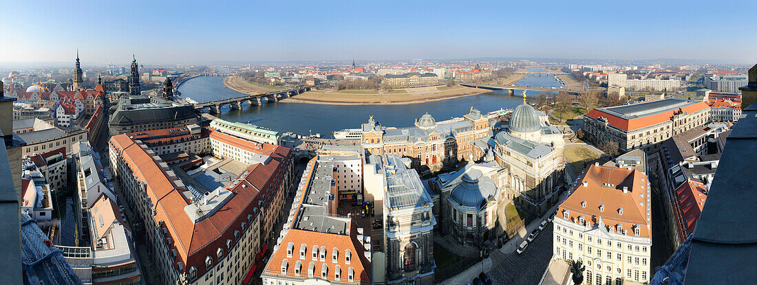 High angle shot of old town with river Elbe, Dresden, Saxony, Germany