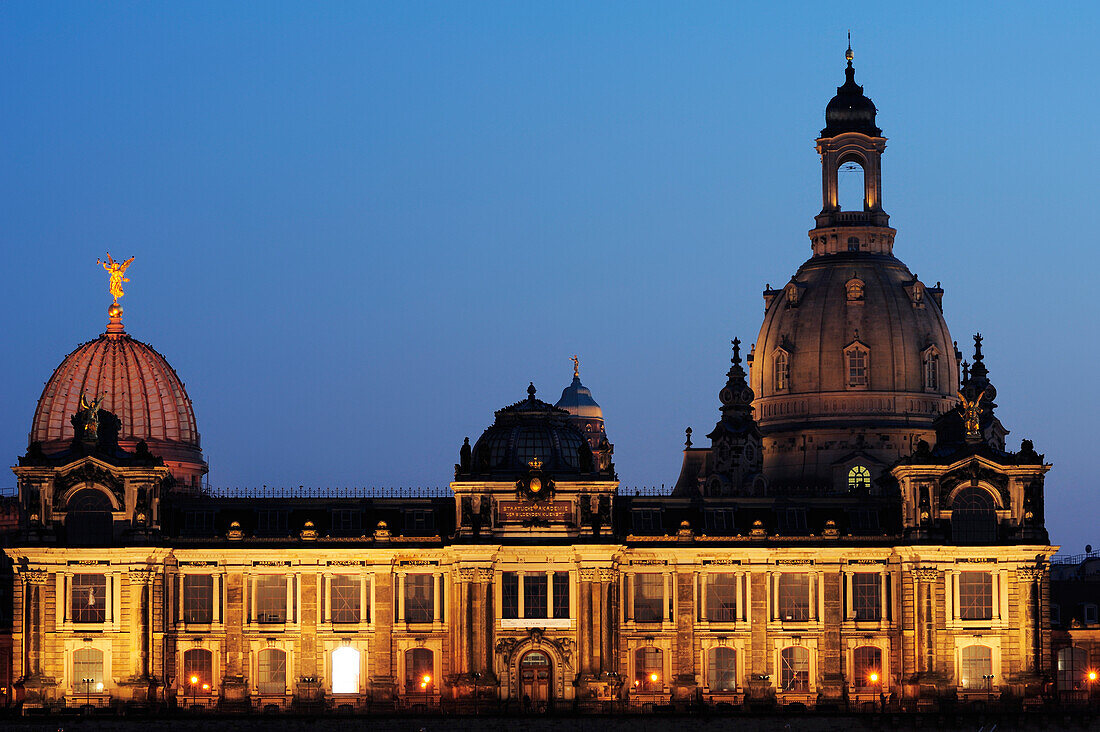 Illuminated academy with spire of the Frauenkirche in the background, Dresden, UNESCO World Heritage Frauenkirche Dresden, Saxony, Germany, Europe