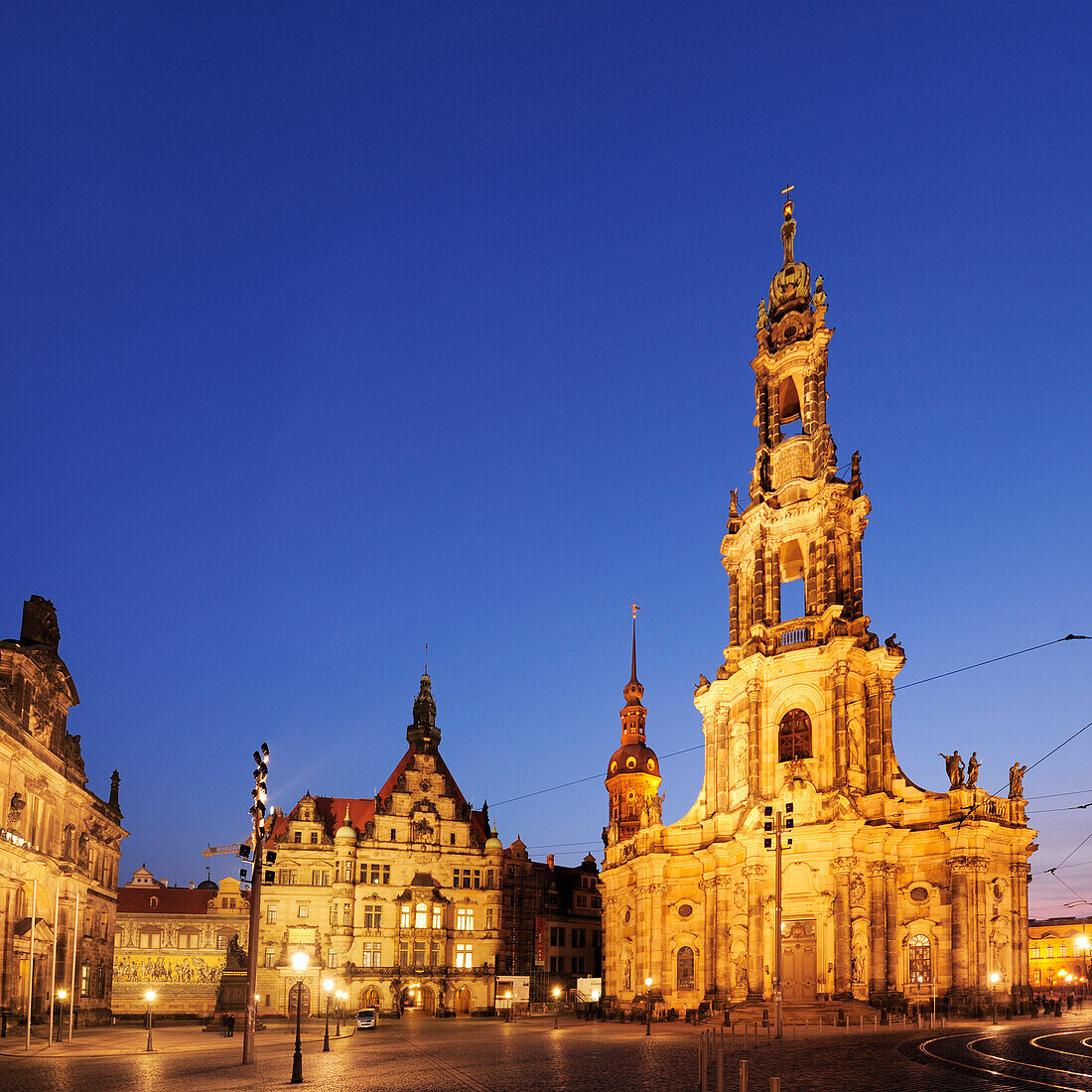 Illuminated Schlossplatz with Staendehaus, castle and cathedral, Schlossplatz, Dresden, Saxony, Germany, Europe