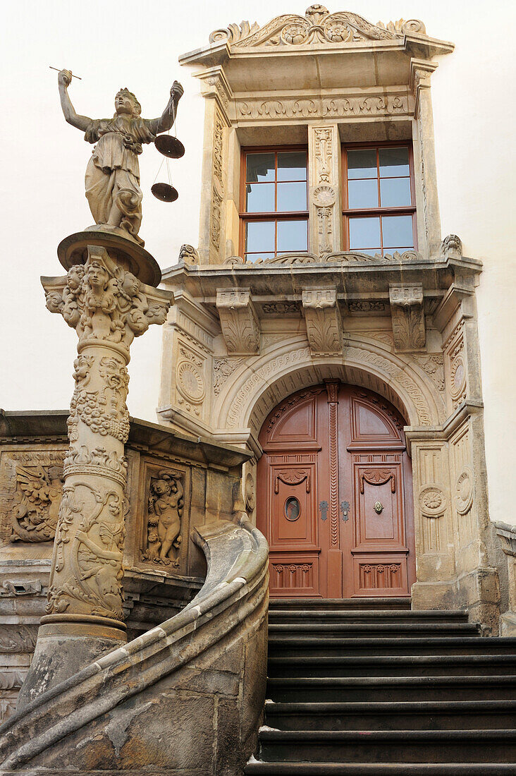 Stairways and Lady Justice to town hall, old town Goerlitz, Saxony, Germany