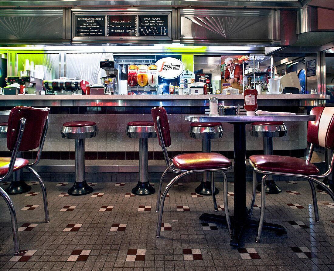 Interior of a Classic Style Diner, Miami Beach, FL, US