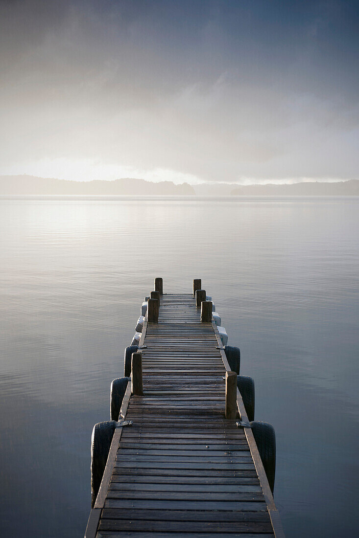 Wooden Jetty Over a Lake, Taupo, North Island, New Zealand