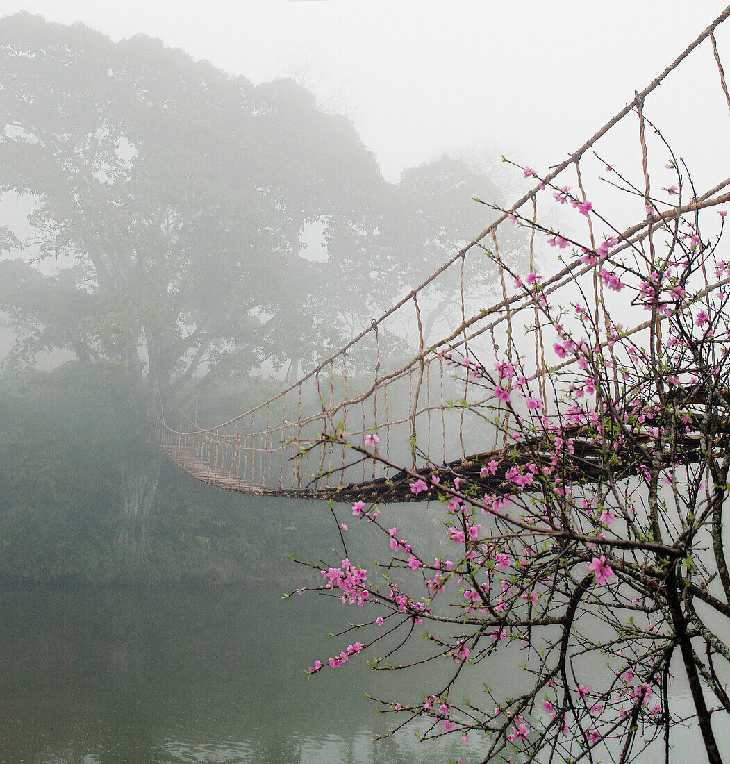 Footbridge Suspended Over a Foggy River, Lao Cai, Vietnam