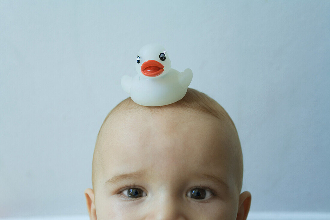 Baby with rubber duck on his head, looking at camera, portrait, cropped