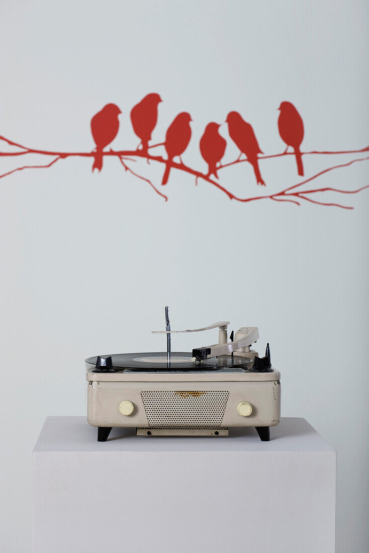 Turntable, birds painted on wall in background