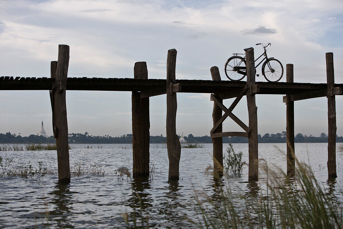 Amarapura, Myanmar, bicycle parked on U Bein Bridge