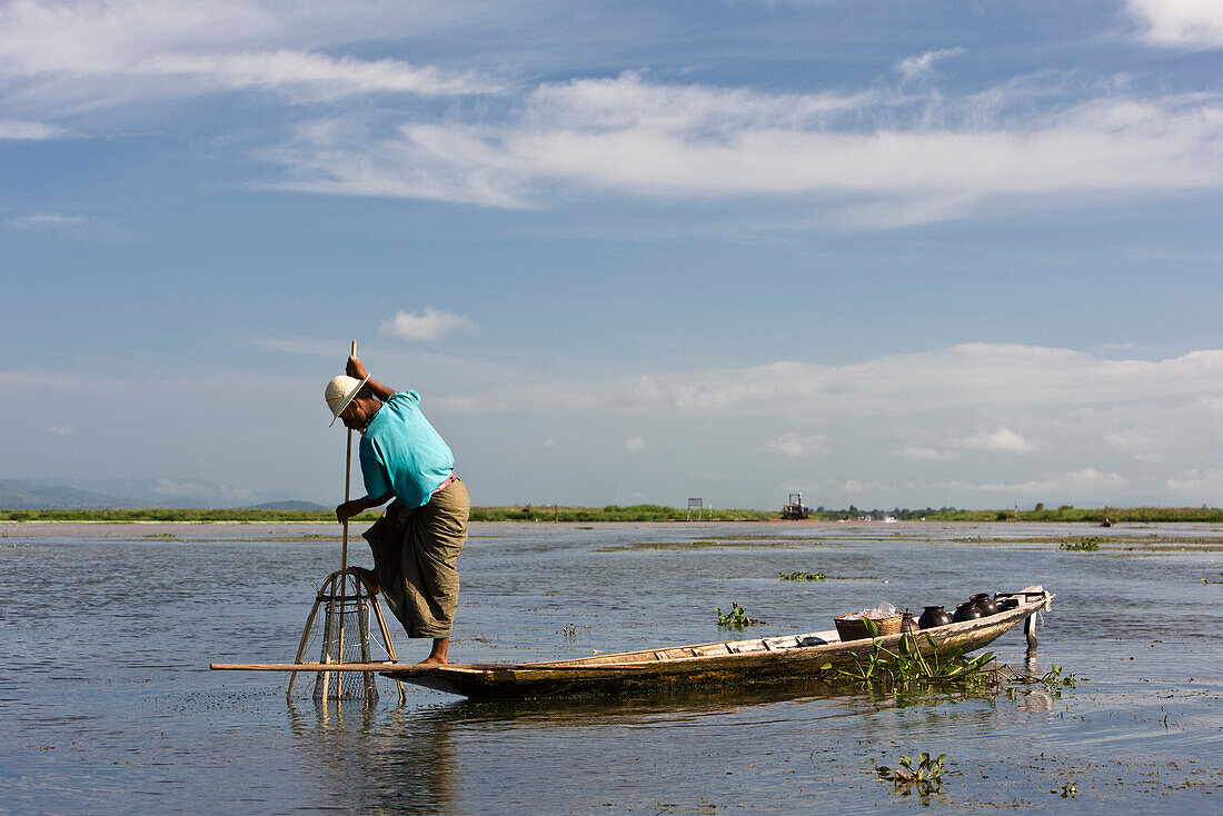 Fisherman fishing on Inle Lake, Myanmar