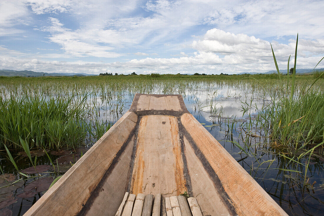 Inle Lake, Myanmar, boat traveling in lake, personal perspective