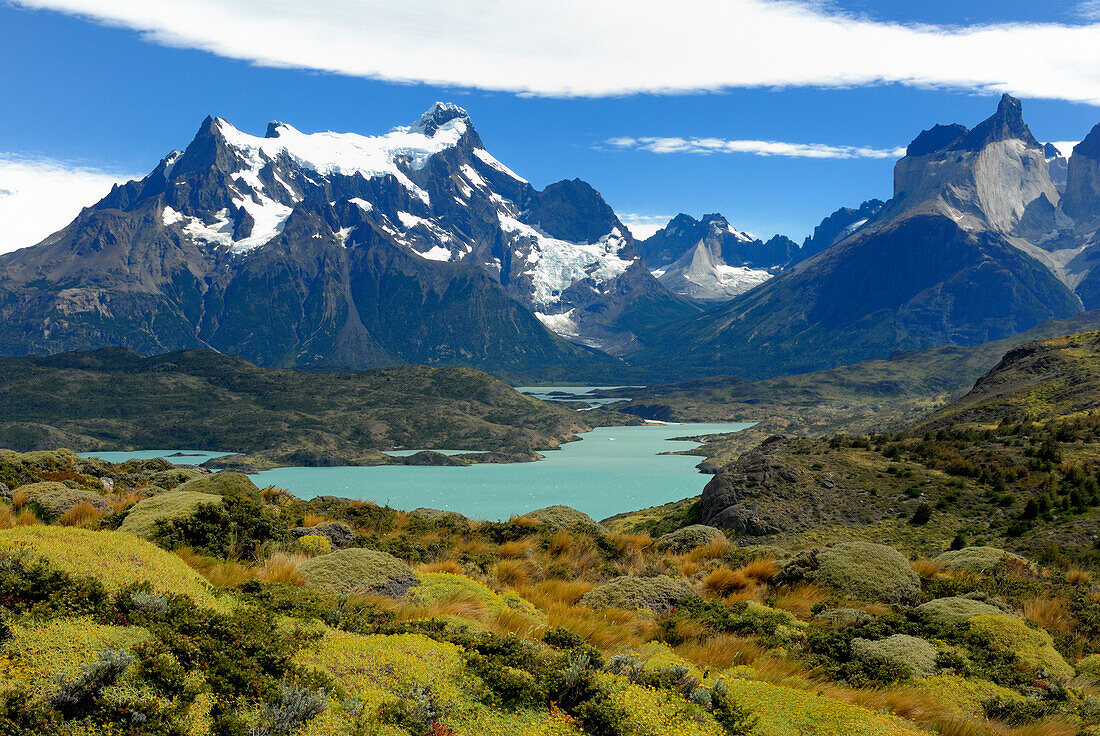 Chile, Patagonia, Torres del Paine National Park, Lake Pehoe and Las Torres mountain