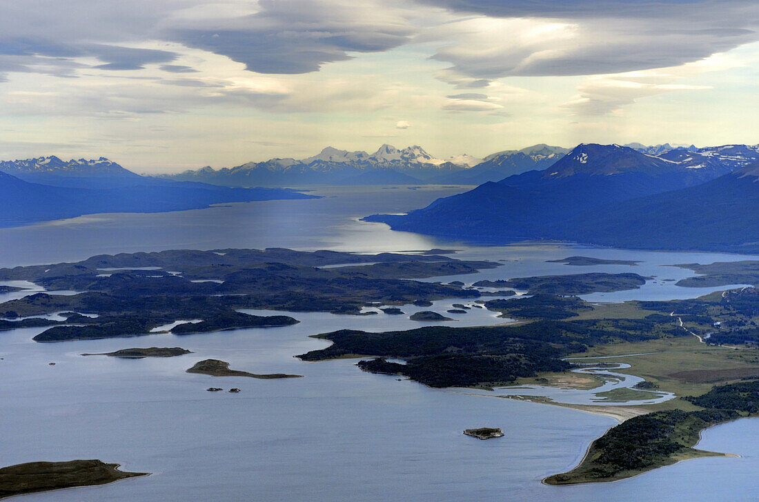 Argentina, Patagonia, Tierra del Fuego, Ushuaia, Beagle channel islands, aerial view