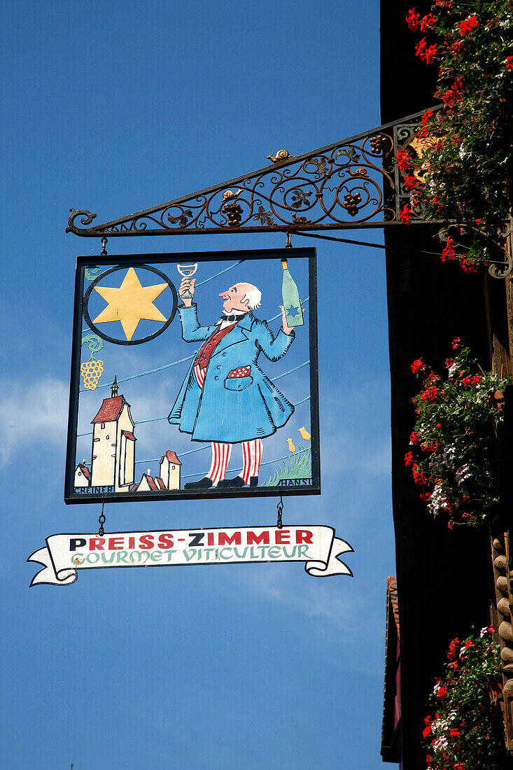 France, Alsace, Haut-Rhin, Riquewihr, general De Gaulle street, Preiss-Zimmer house, signboard