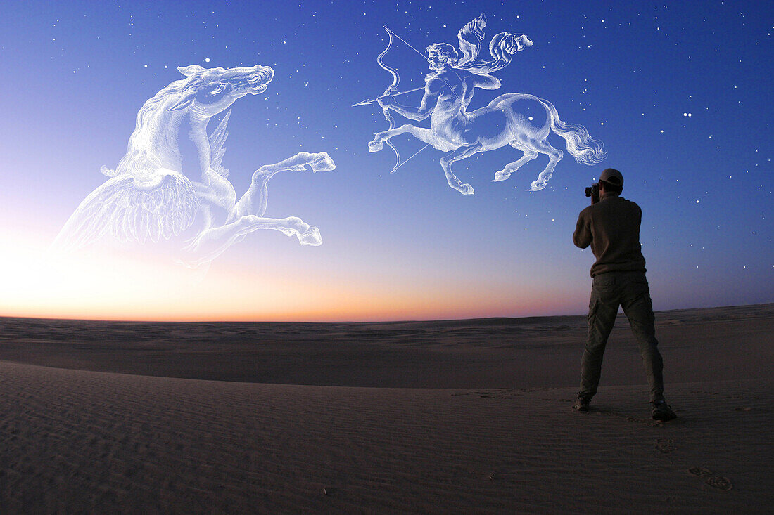Libya, man photographing sky, Pegasus ans Sagittarius constellation