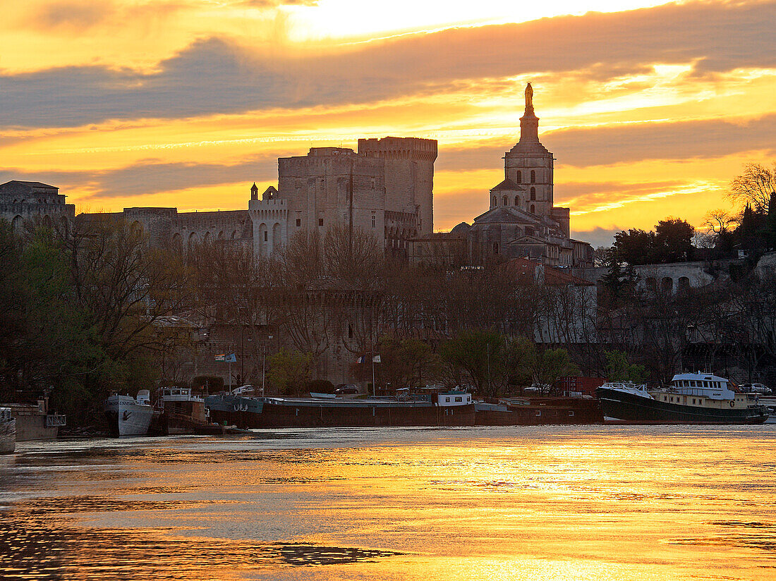 France, Provence, Vaucluse, Avignon and Rhone river, sunset