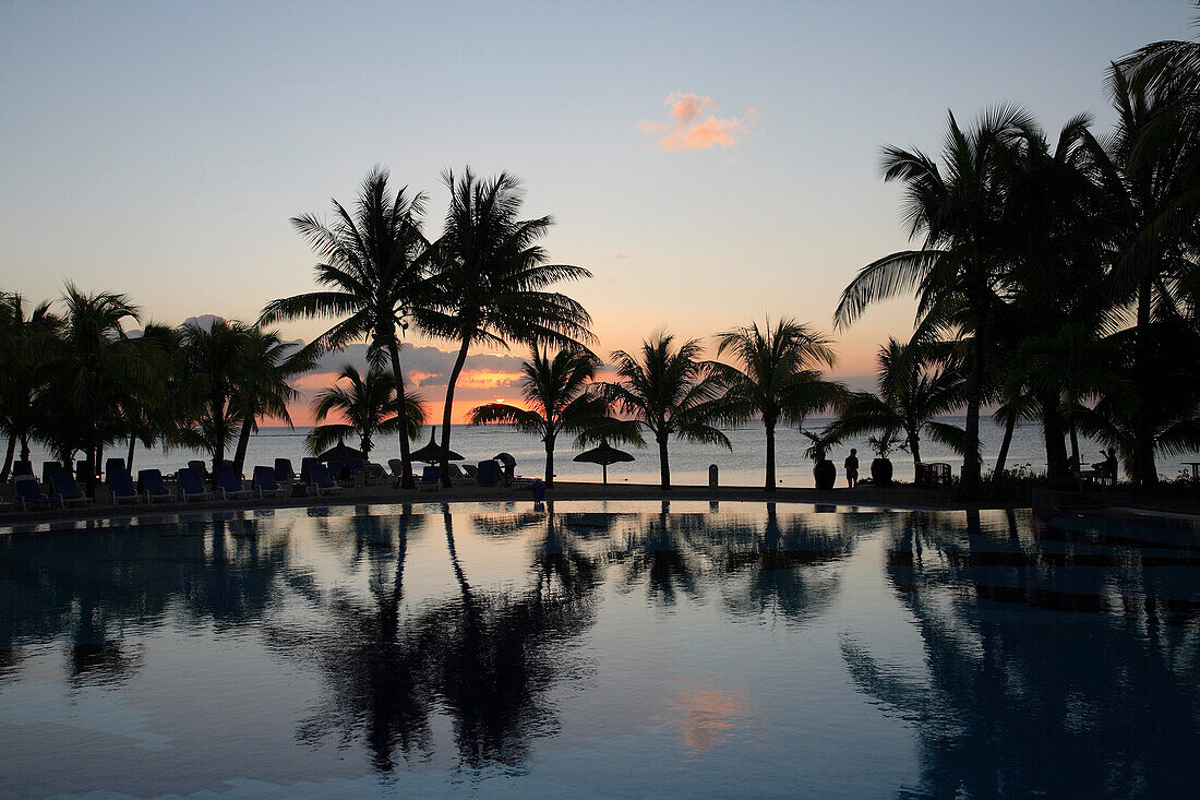 Mauritius, Trou aux Biches Hotel, palms, pool, sunset