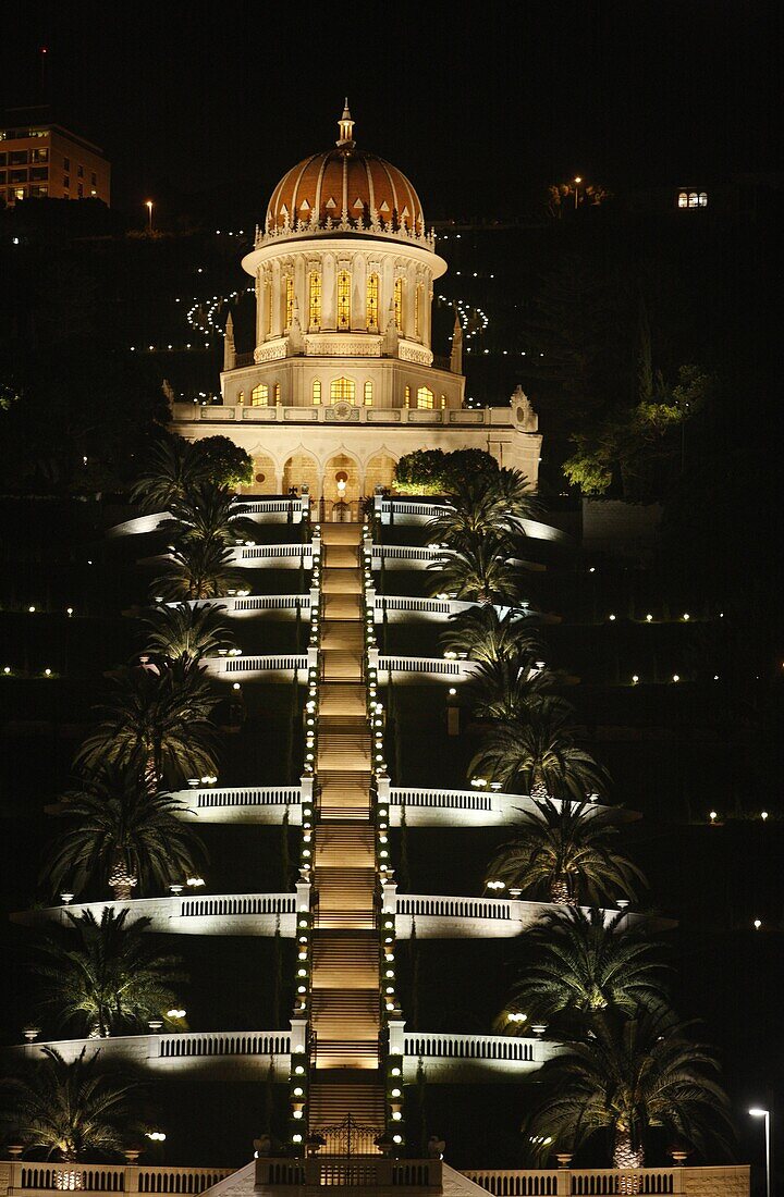 Israel, Haifa, Haifa Baha'i temple at night
