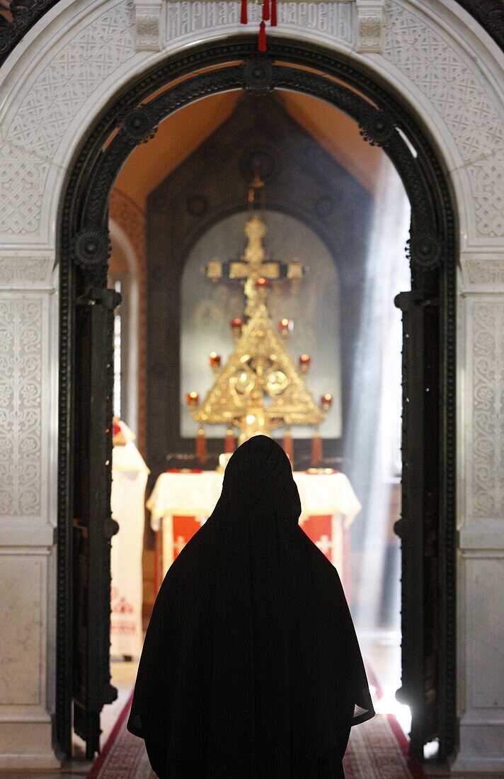 Israel, Jerusalem, Nun in Mary Magdalene Russian orthodox church on Mount of olives