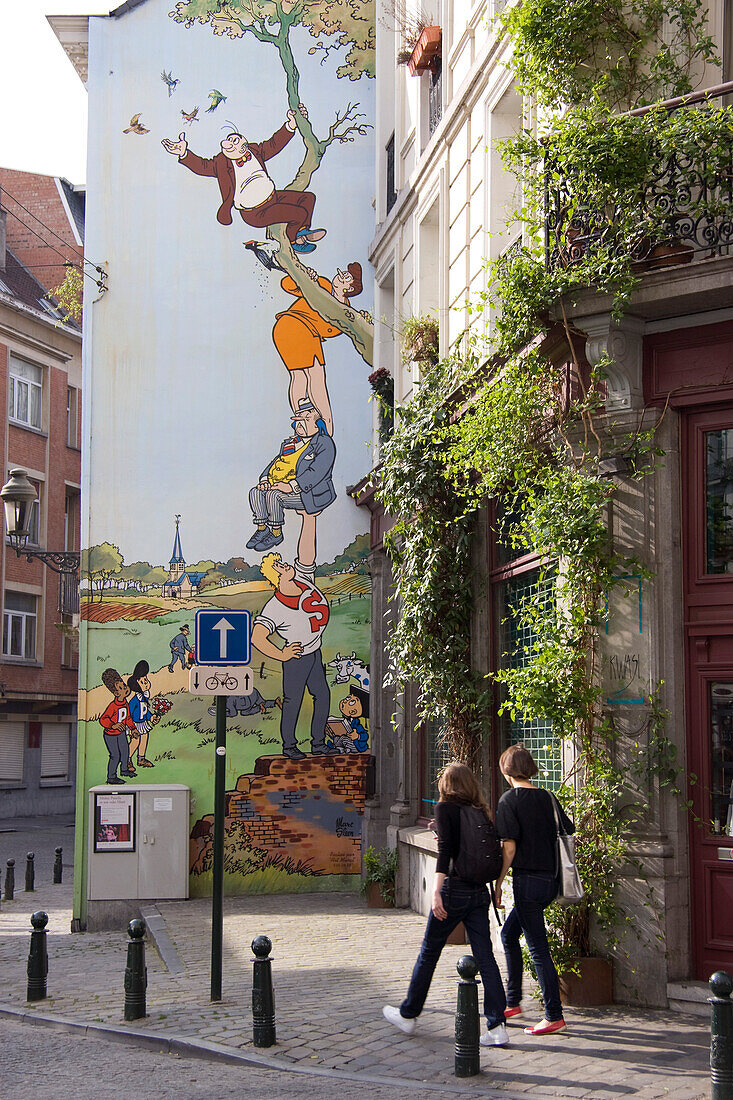 Belgium, Bruxelles, St-Géry square, fresco Neron by Marc Sleen