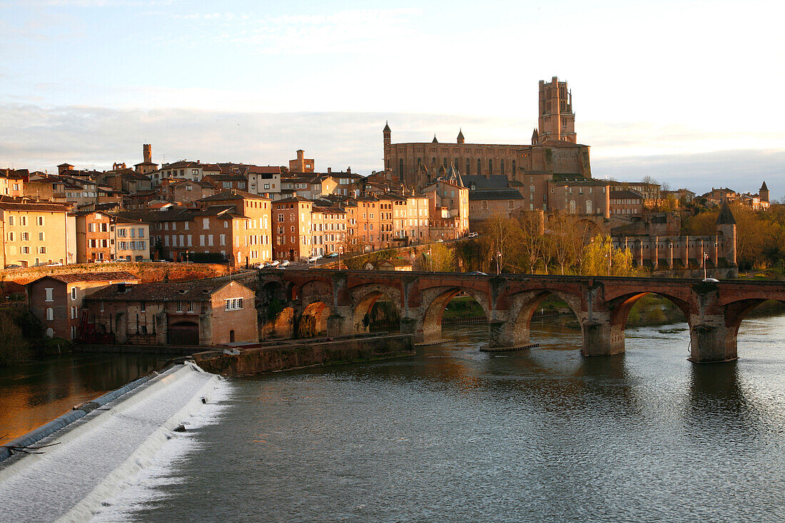 France, Midi Pyrénes, Tarn, Albi, Tarn river, Sainte Cécile cathedral and the old bridge