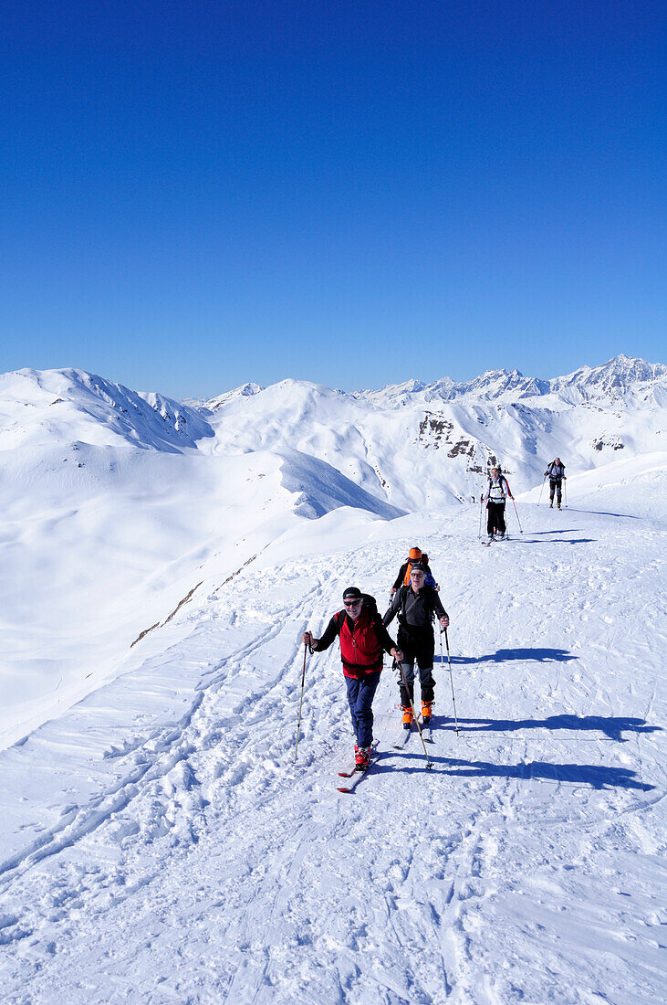 Group of people backcountry skiing ascending the mountain, Villgraten range in background, Marchkinkele, Villgraten range, Hohe Tauern range, East Tyrol, Austria, Europe