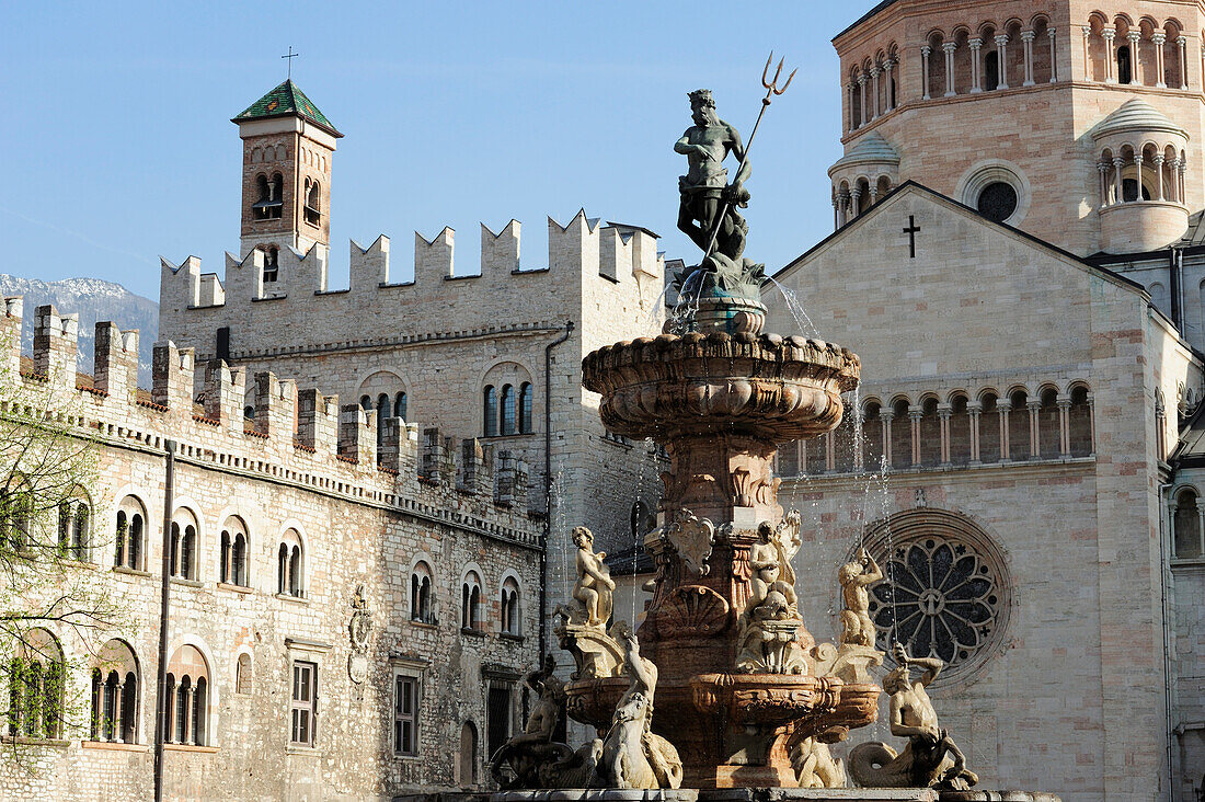 Fountain on the town square with cathedral in the background, Trento, Trentino, Italy, Europe