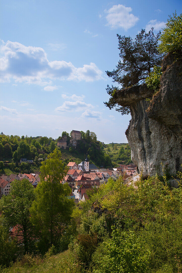 View from the limestone rocks over the town onto the castle, Pottenstein, Fraenkische Schweiz, Franconia, Bavaria, Germany, Europe