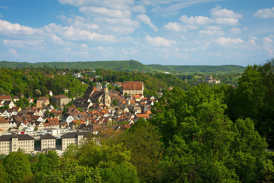 View to city and Comburg, Schwaebisch Hall, Hohenlohe region, Baden-Wuerttemberg, Germany, Europe