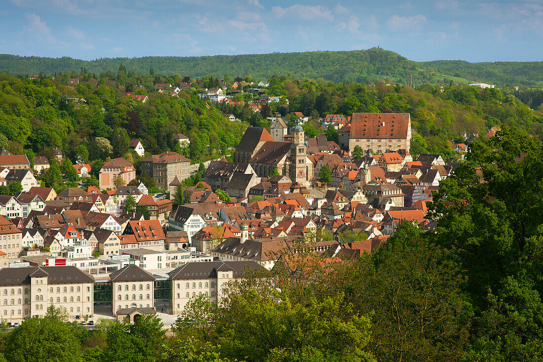 View of the city of Schwaebisch Hall in the sunlight, Hohenlohe region, Baden-Wuerttemberg, Germany, Europe