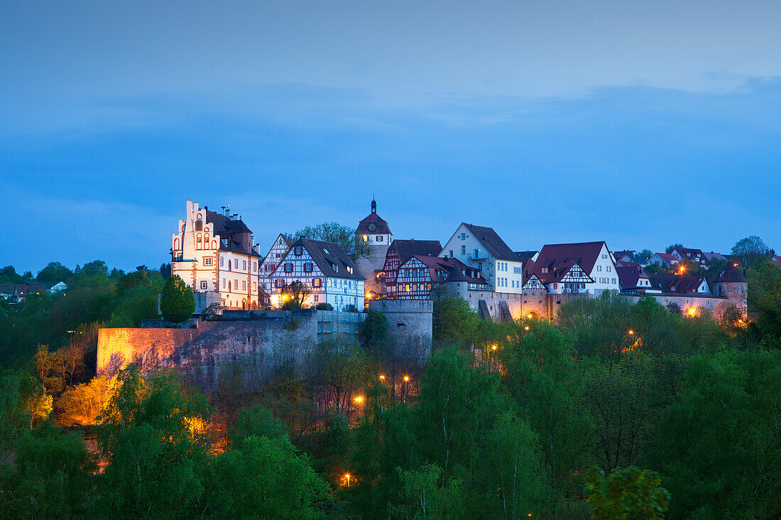 View of the castle and the tower in the evening, Vellberg, Hohenlohe region, Baden-Wuerttemberg, Germany, Europe