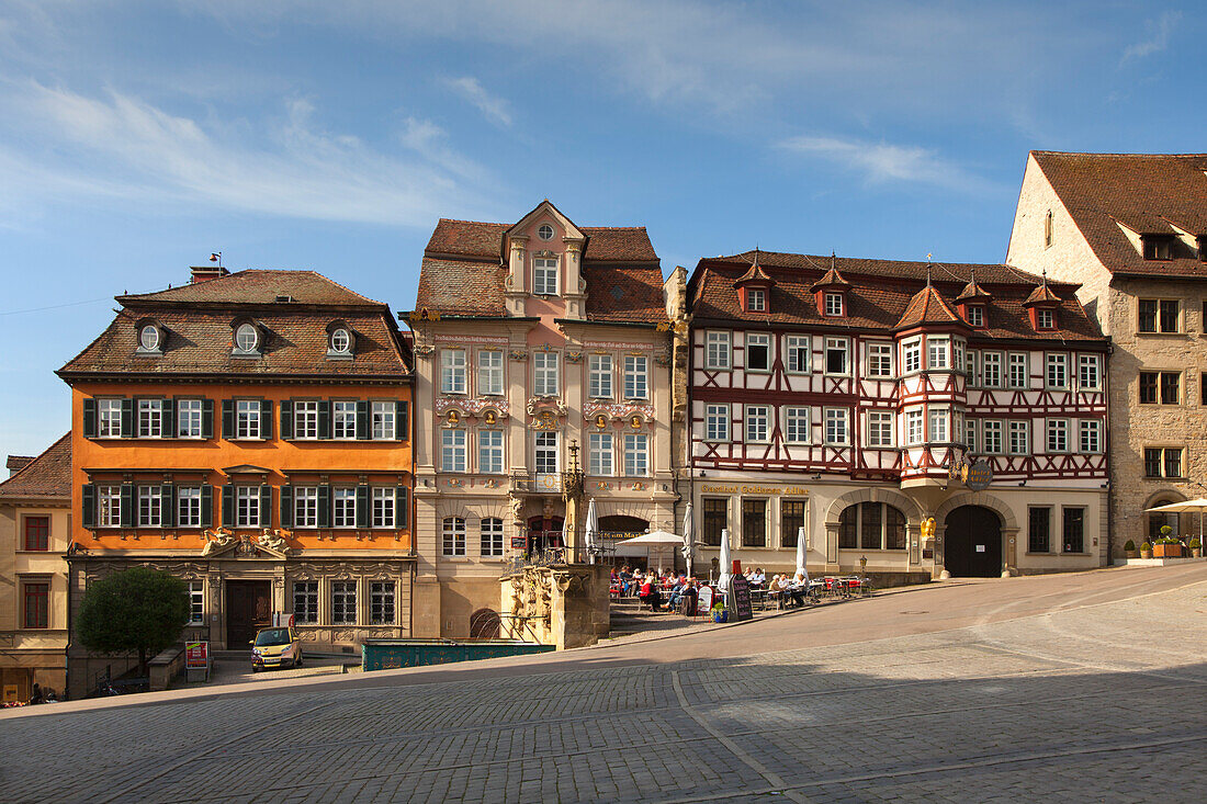 Street cafe and houses at historical marketplace, Schwaebisch Hall, Hohenlohe region, Baden-Wuerttemberg, Germany, Europe