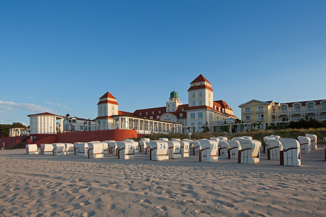 Beach chairs on the beach in front of the Spa Hotel, Binz seaside resort, Ruegen island, Baltic Sea, Mecklenburg-West Pomerania, Germany