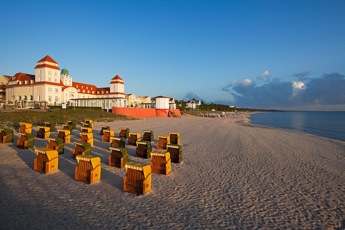 Beach chairs on the beach in front of the Spa Hotel, Binz seaside resort, Ruegen island, Baltic Sea, Mecklenburg-West Pomerania, Germany